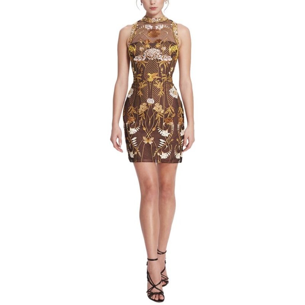 Marchesa Notte Womens  High-Neck Mirrored Embroidery Dress
